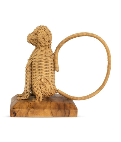 Rattan Monkey Sculpture – Hand Woven Animal Figurine on Wood Stand, Tropical Boho Decor