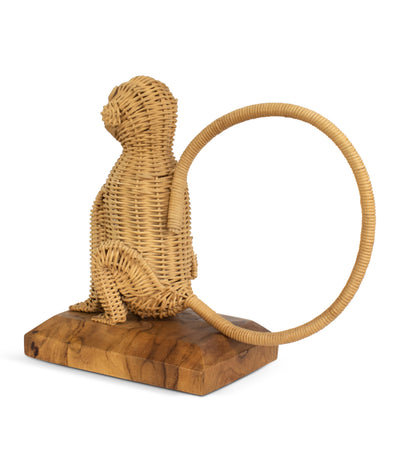 Rattan Monkey Sculpture – Hand Woven Animal Figurine on Wood Stand, Tropical Boho Decor