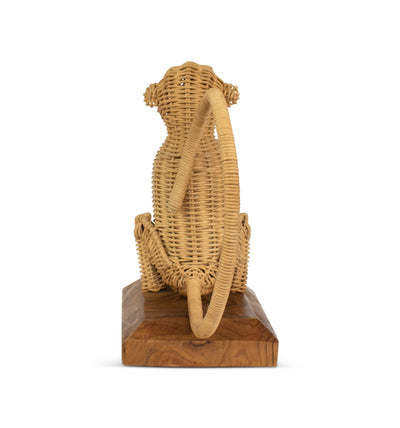 Rattan Monkey Sculpture – Hand Woven Animal Figurine on Wood Stand, Tropical Boho Decor