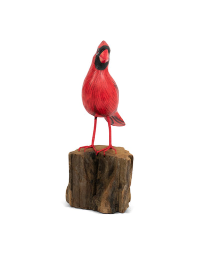 Wood Cardinal Bird Figurine – Hand Carved Red Songbird Sculpture, Rustic Wildlife Decor