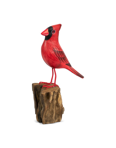 Hand carved wood cardinal bird figurine on rustic wood base.