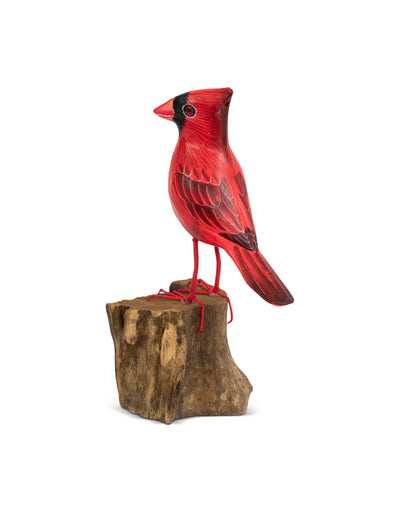 Wood Cardinal Bird Figurine – Hand Carved Red Songbird Sculpture, Rustic Wildlife Decor