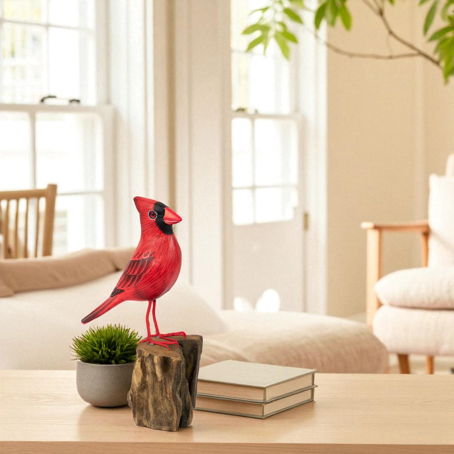Wood Cardinal Bird Figurine – Hand Carved Red Songbird Sculpture, Rust