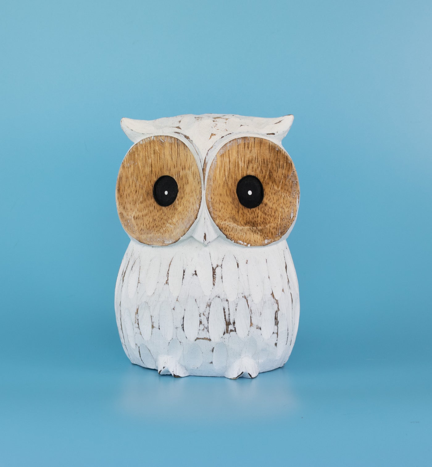 Handmade White-Washed Wooden Owl Statue Figurine Hoot Sculpture