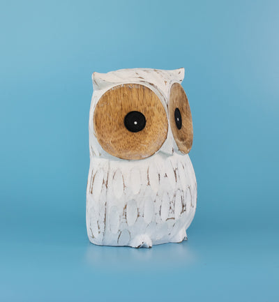 Handmade White-Washed Wooden Owl Statue Figurine Hoot Sculpture Art Home Decor Accent Handcrafted Decoration