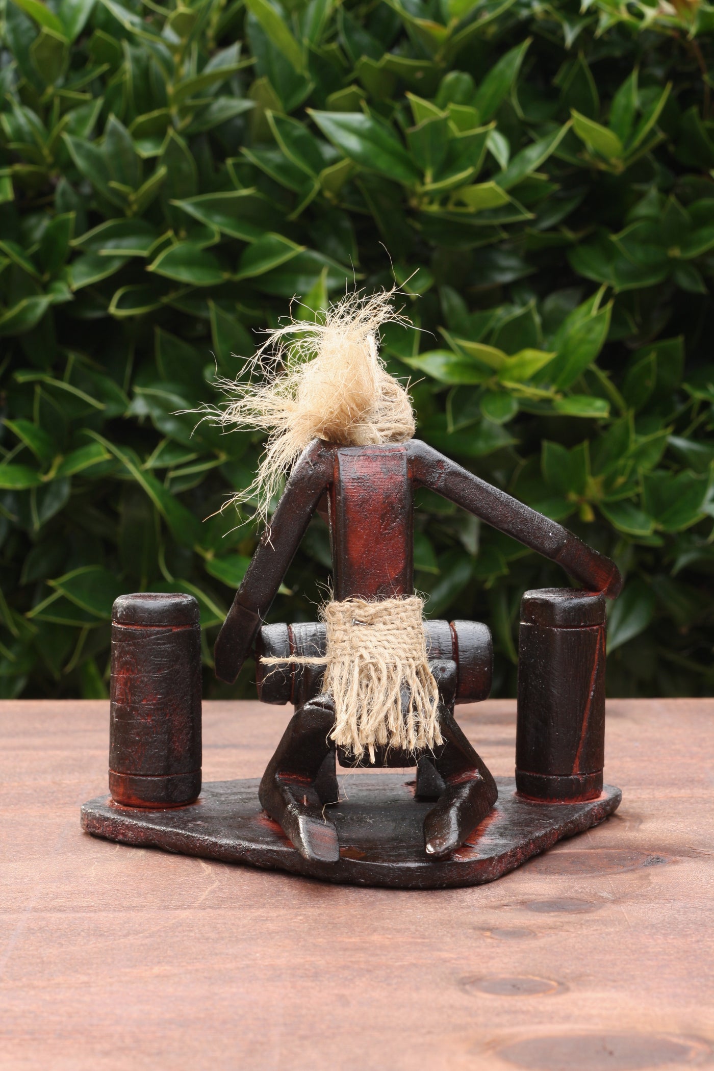 Handmade Wooden Primitive Tribal Playing 3 Djembe Drums Figurine Drumming Statue Funny Sculpture Tiki Bar Handcrafted Unique Gift Decor Accent Figurine Hand Carved