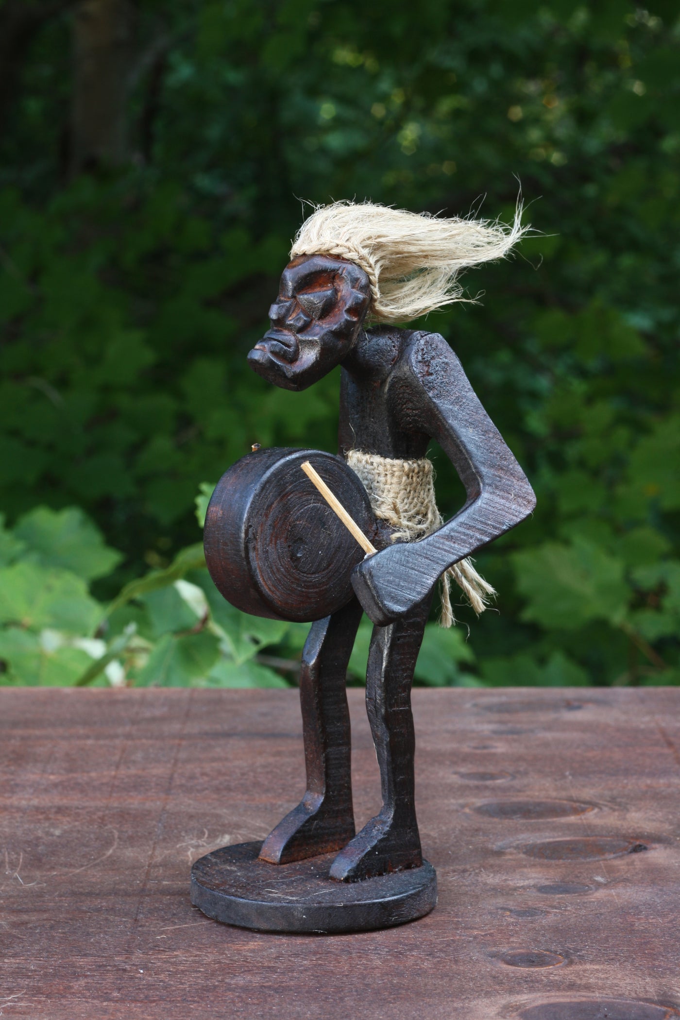 Handmade Wooden Primitive Tribal Playing a Bass Drum Figurine Statue Funny Sculpture Tiki Bar 