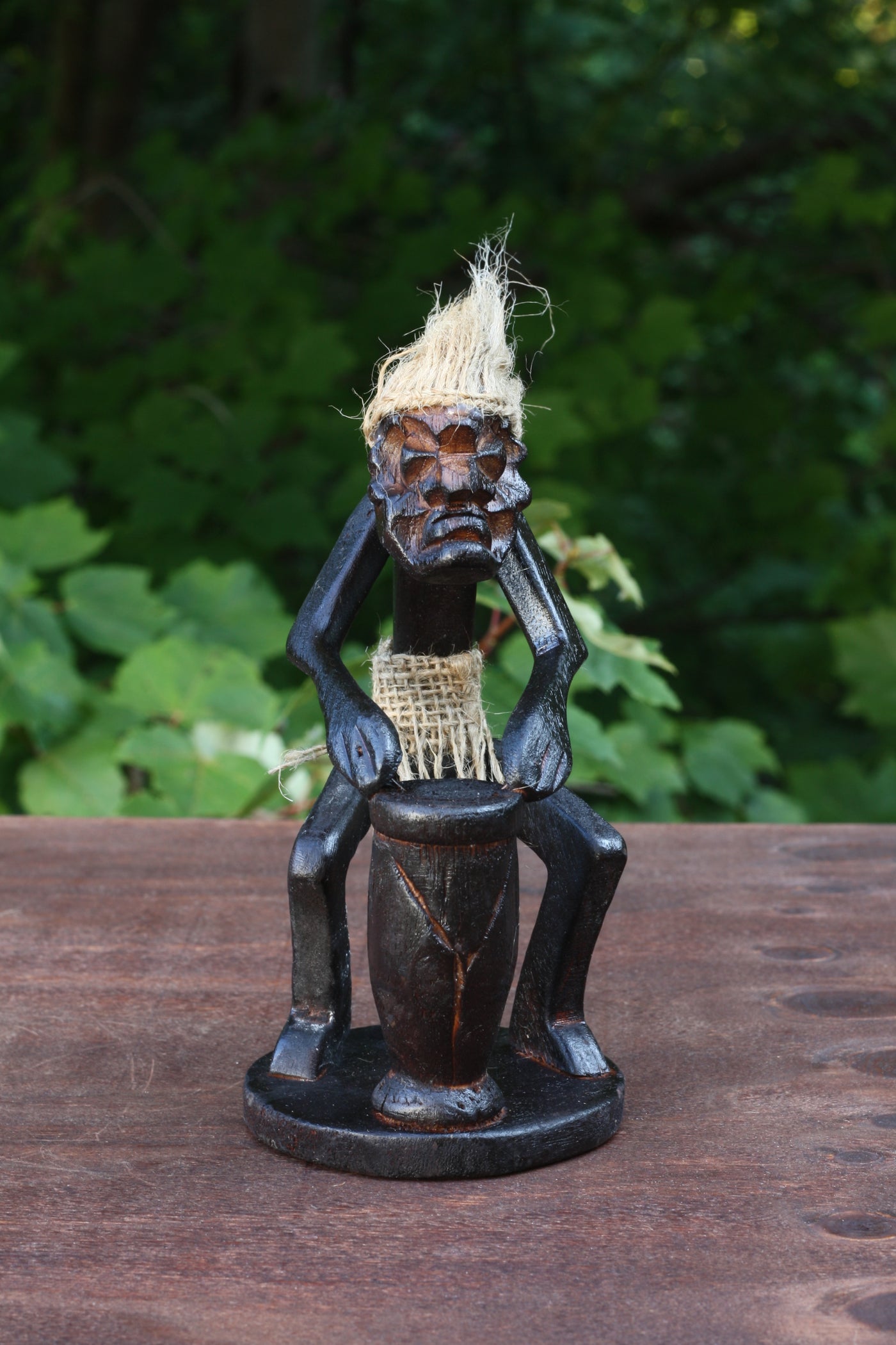 Handmade Wooden Primitive Tribal Playing Djembe Drum Figurine Statue Funny Sculpture Tiki Bar