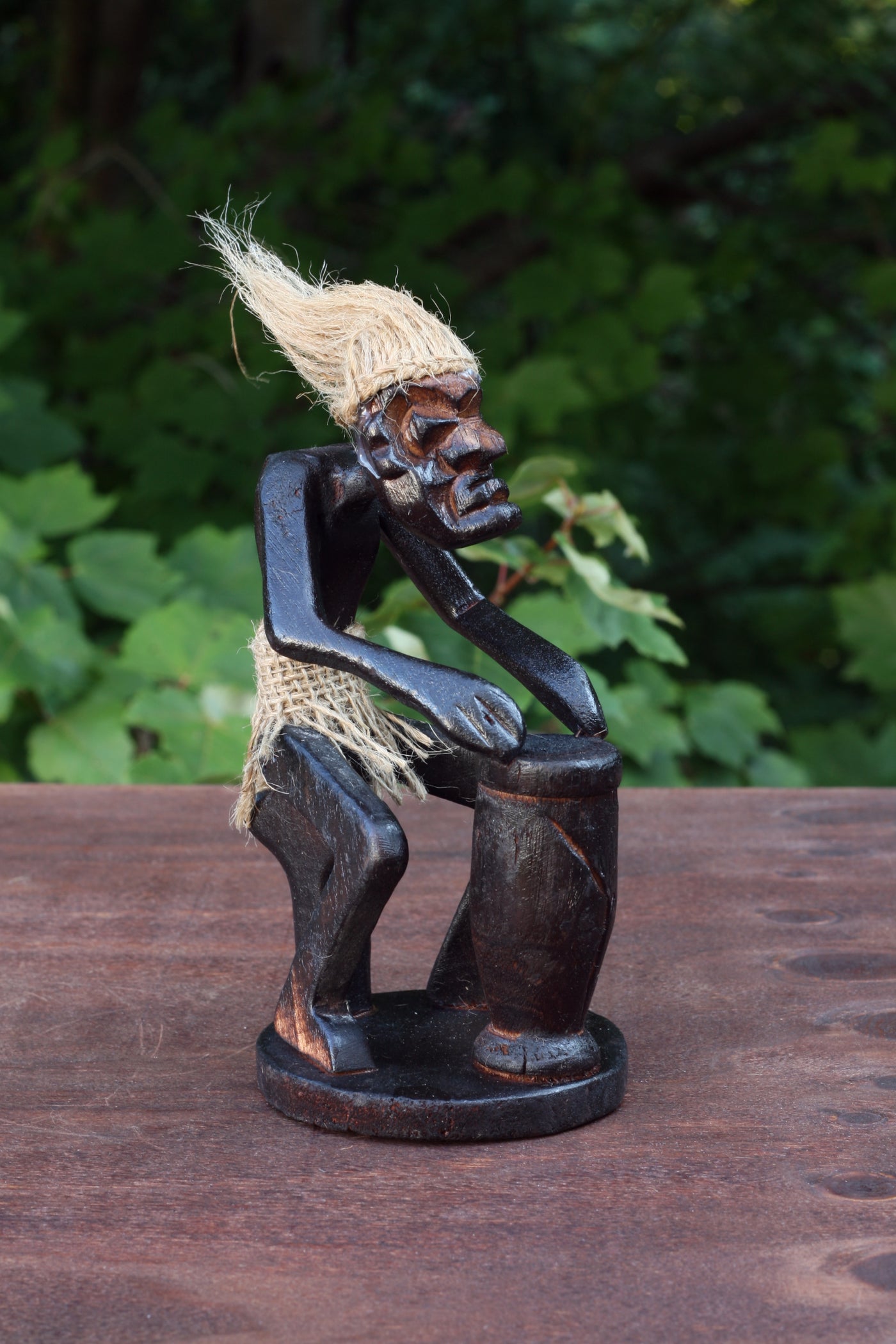 Handmade Wooden Primitive Tribal Playing Djembe Drum Figurine Statue Funny Sculpture Tiki Bar Handcrafted Unique Gift Decor Accent Figurine Hand Carved