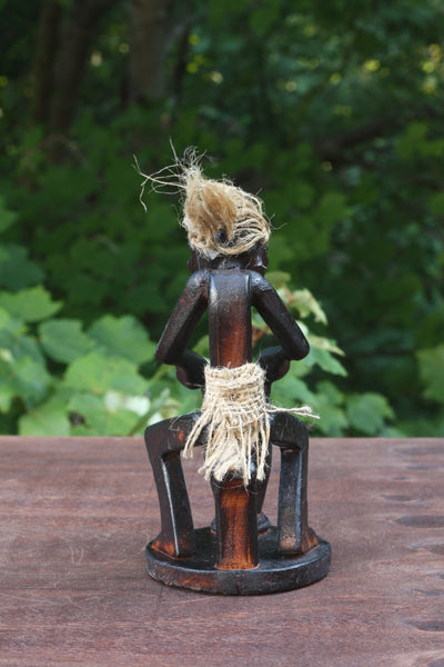 Handmade Wooden Primitive Tribal Playing Djembe Drum Figurine Statue Funny Sculpture Tiki Bar Handcrafted Unique Gift Decor Accent Figurine Hand Carved