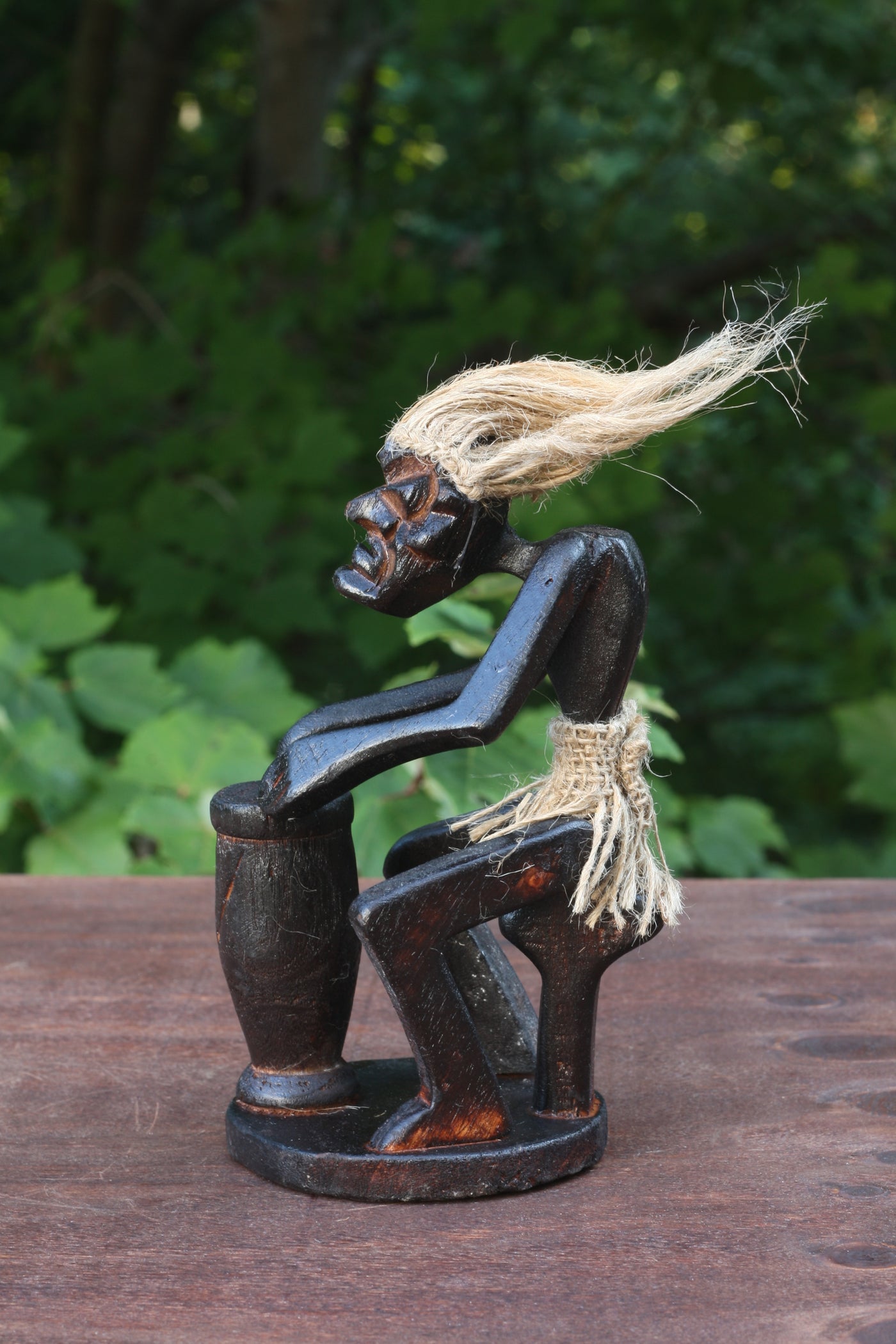 Handmade Wooden Primitive Tribal Playing Djembe Drum Figurine Statue Funny Sculpture Tiki Bar Handcrafted Unique Gift Decor Accent Figurine Hand Carved