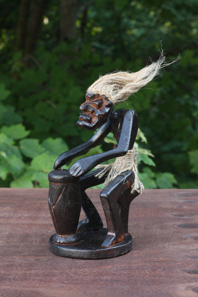 Handmade Wooden Primitive Tribal Playing Djembe Drum Figurine Statue Funny Sculpture Tiki Bar