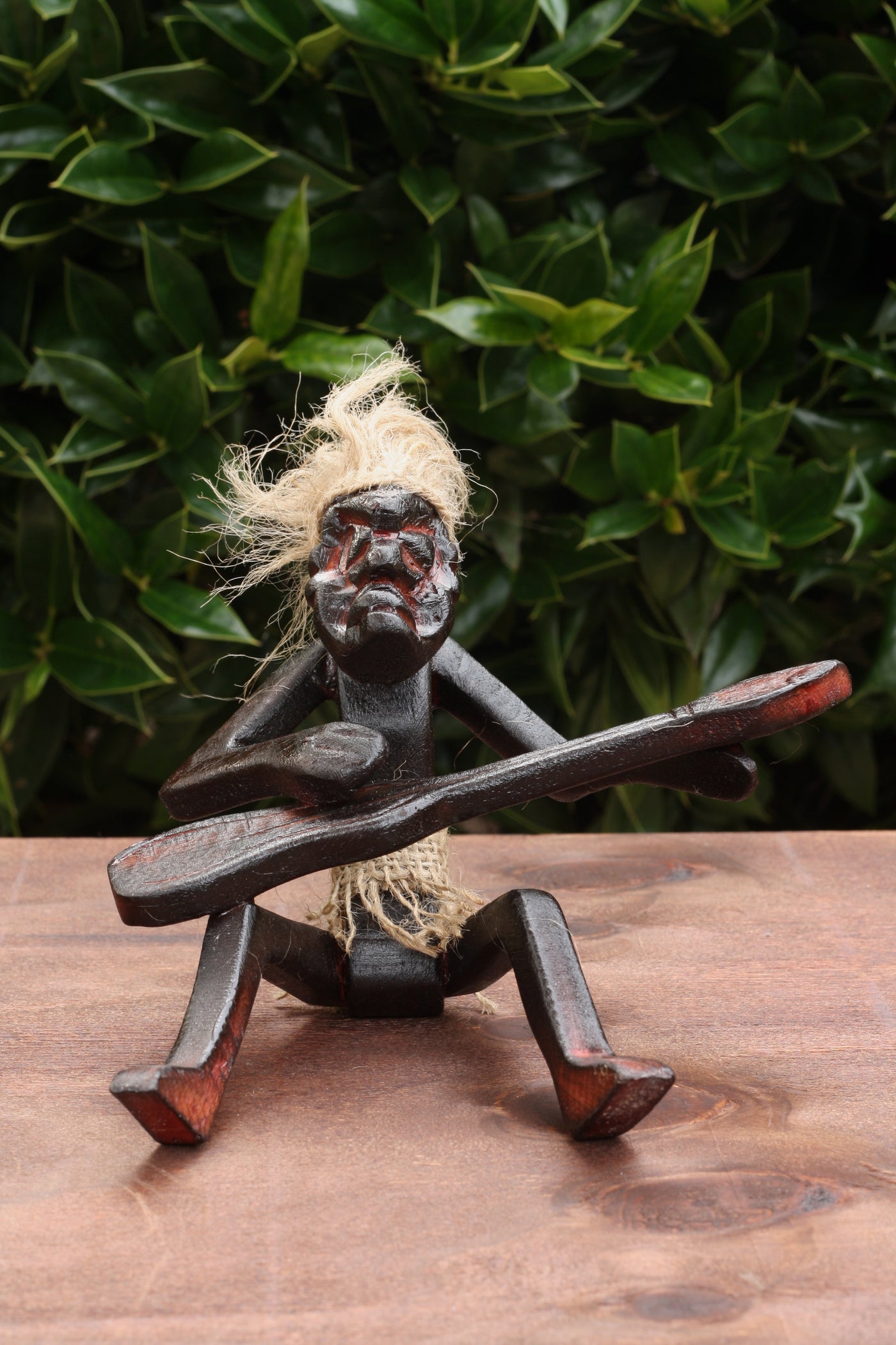 Handmade Wooden Primitive Guitarist Tribal Funny Statue Sculpture Tiki Bar Handcrafted Gift Decor Figurine Hand Carved (Playing Guitar Sitting on Floor)