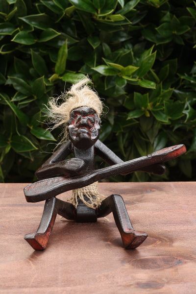 Handmade Wooden Primitive Guitarist Tribal Funny Statue Sculpture Tiki Bar Handcrafted Gift Decor Figurine Hand Carved (Playing Guitar Sitting on Floor)