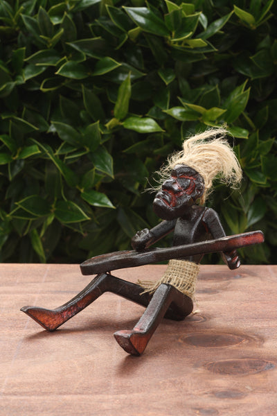Handmade Wooden Primitive Guitarist Tribal Funny Statue Sculpture Tiki Bar Handcrafted Gift Decor Figurine Hand Carved (Playing Guitar Sitting on Floor)