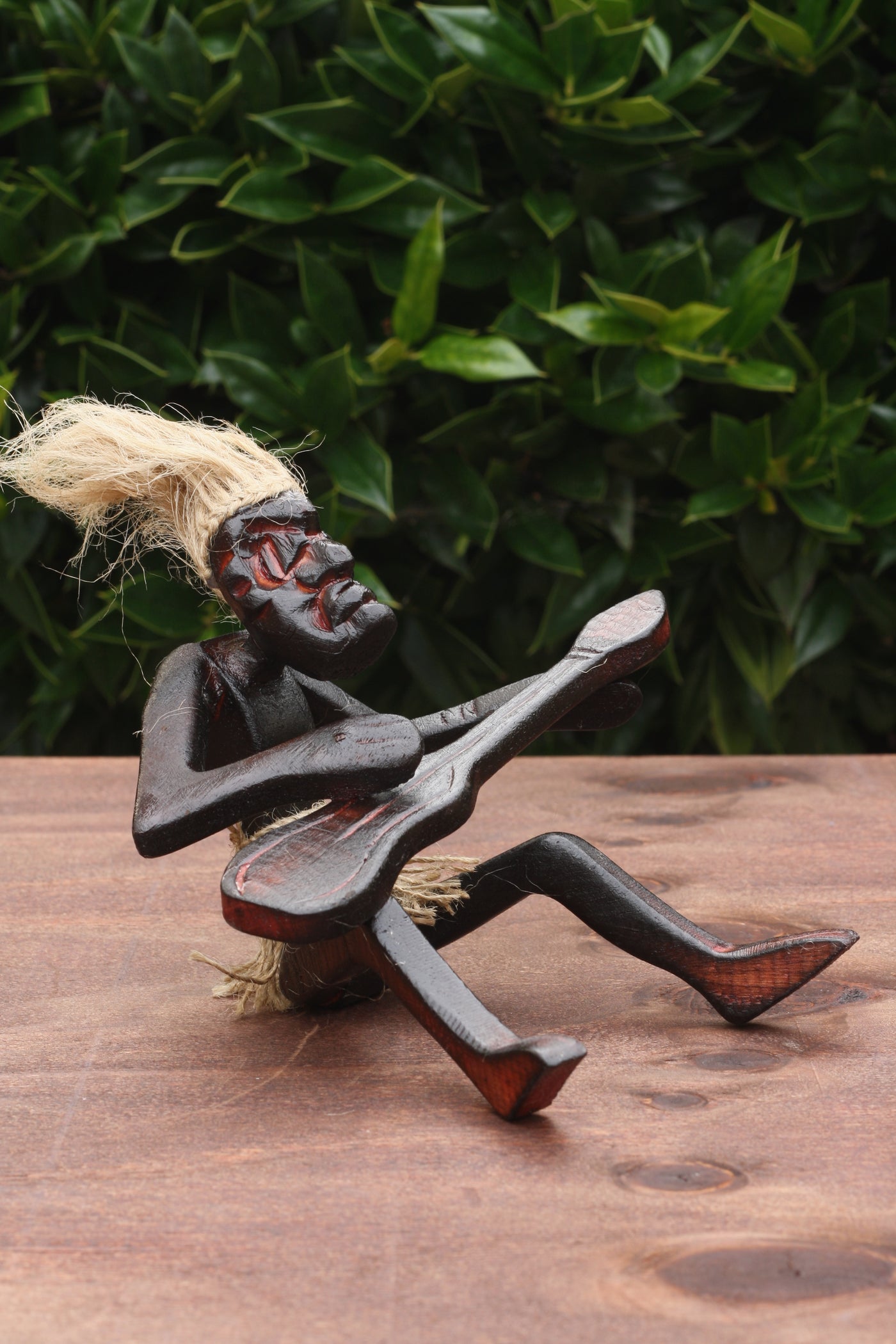 Handmade Wooden Primitive Guitarist Tribal Funny Statue Sculpture Tiki Bar Handcrafted Gift Decor Figurine Hand Carved (Playing Guitar Sitting on Floor)