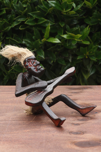 Handmade Wooden Primitive Guitarist Tribal Funny Statue Sculpture Tiki Bar Handcrafted Gift Decor Figurine Hand Carved (Playing Guitar Sitting on Floor)