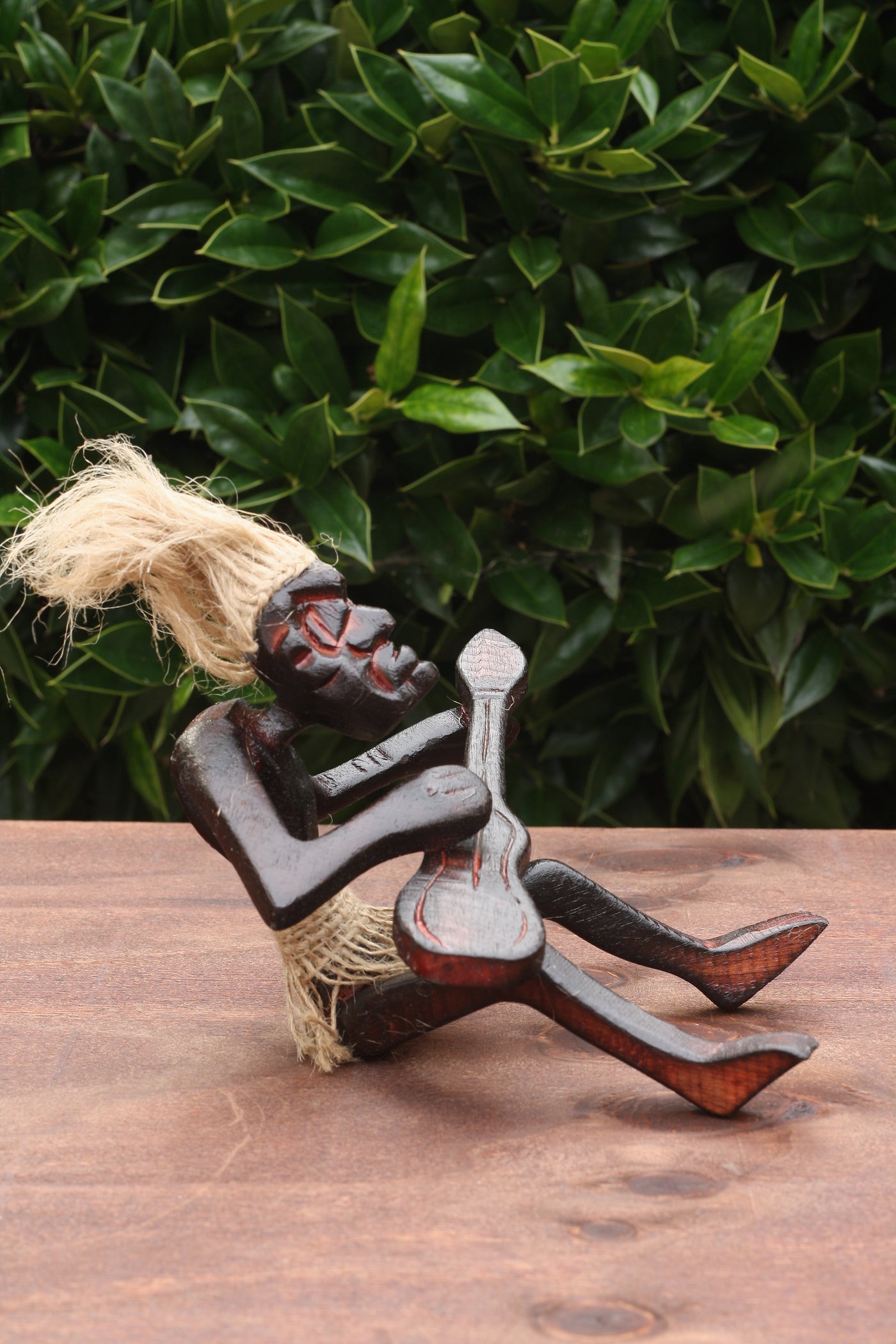 Handmade Wooden Primitive Guitarist Tribal Funny Statue Sculpture Tiki Bar Handcrafted Gift Decor Figurine Hand Carved (Playing Guitar Sitting on Floor)
