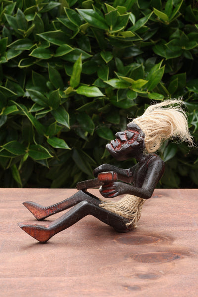 Handmade Wooden Primitive Guitarist Tribal Funny Statue Sculpture Tiki Bar Handcrafted Gift Decor Figurine Hand Carved (Playing Guitar Sitting on Floor)