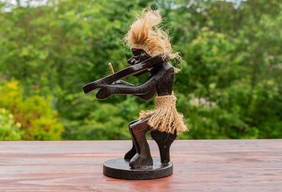 Handmade Wooden Primitive Tribal Playing Violin Funny Statue Sculpture Tiki Bar Handcrafted Unique Gift Home Decor Figurine Decoration Hand Carved