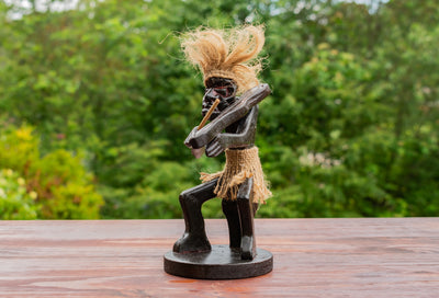 Handmade Wooden Primitive Tribal Playing Violin Funny Statue Sculpture Tiki Bar Handcrafted Unique Gift Home Decor Figurine Decoration Hand Carved