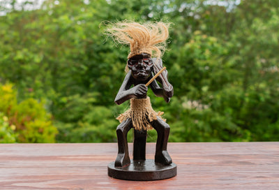Handmade Wooden Primitive Tribal Playing Violin Funny Statue Sculpture Tiki Bar Handcrafted Unique Gift Home Decor Figurine Decoration Hand Carved