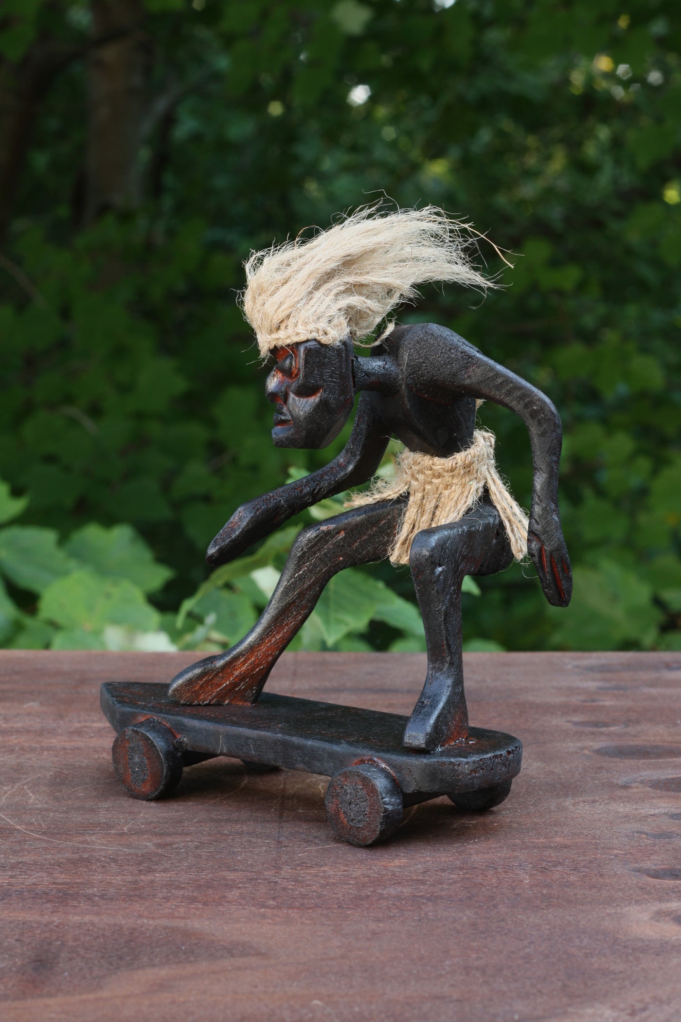 Handmade Wooden Primitive Tribal Skateboarding Statue Funny Sculpture Tiki Bar Handcrafted Unique Gift Decor Accent Figurine Hand Carved - B
