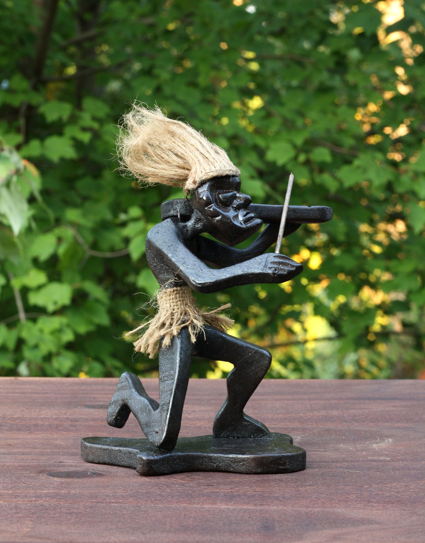 Handmade Wooden Primitive Tribal Playing Violin Kneeling Funny Statue Sculpture Tiki Bar Handcrafted Unique Gift Home Decor Figurine Decoration Hand Carved