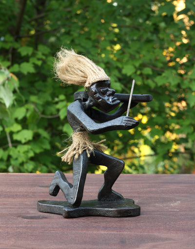 Handmade Wooden Primitive Tribal Playing Violin Kneeling Funny Statue Sculpture Tiki Bar Handcrafted Unique Gift Home Decor Figurine Decoration Hand Carved