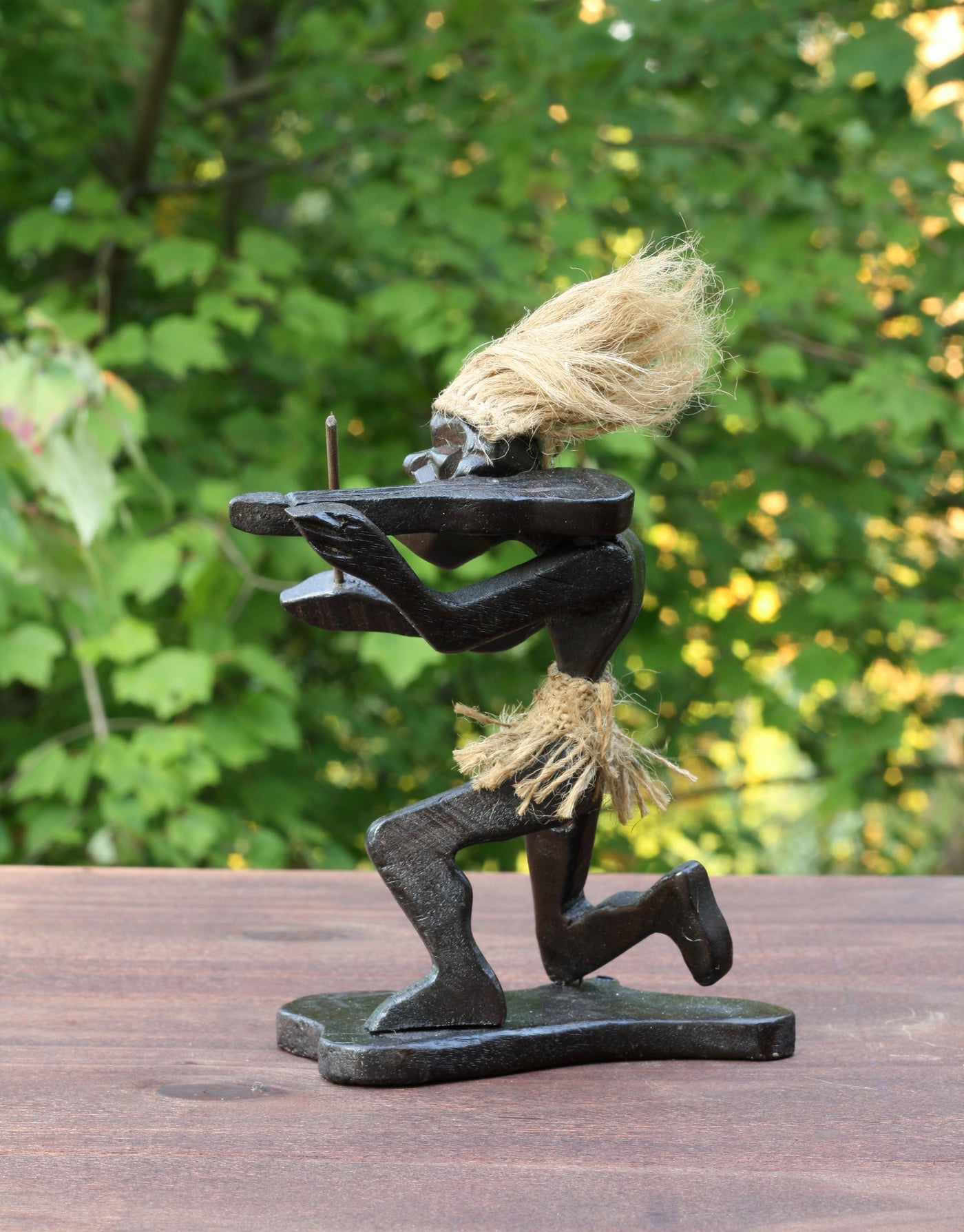 Handmade Wooden Primitive Tribal Playing Violin Kneeling Funny Statue Sculpture Tiki Bar Handcrafted Unique Gift Home Decor Figurine Decoration Hand Carved
