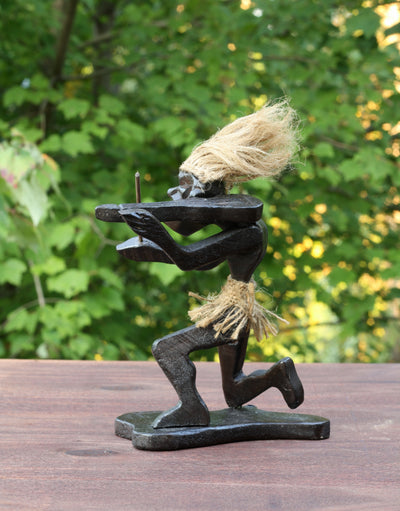 Handmade Wooden Primitive Tribal Playing Violin Kneeling Funny Statue Sculpture Tiki Bar Handcrafted Unique Gift Home Decor Figurine Decoration Hand Carved