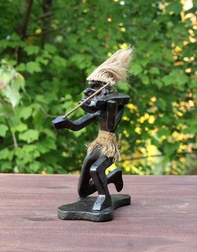 Handmade Wooden Primitive Tribal Playing Violin Kneeling Funny Statue Sculpture Tiki Bar Handcrafted Unique Gift Home Decor Figurine Decoration Hand Carved