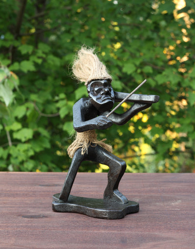 Handmade Wooden Primitive Tribal Playing Violin Kneeling Funny Statue Sculpture Tiki Bar Handcrafted Unique Gift Home Decor Figurine Decoration Hand Carved