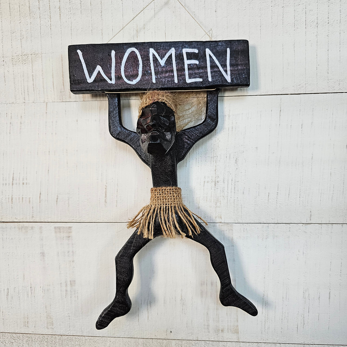 Wooden Handmade Primitive Tribal Statue Women Bathroom Restroom Sign Wall Hanging Sculpture Tiki Bar Handcrafted Gift Art Decor Figurine Hand Carved