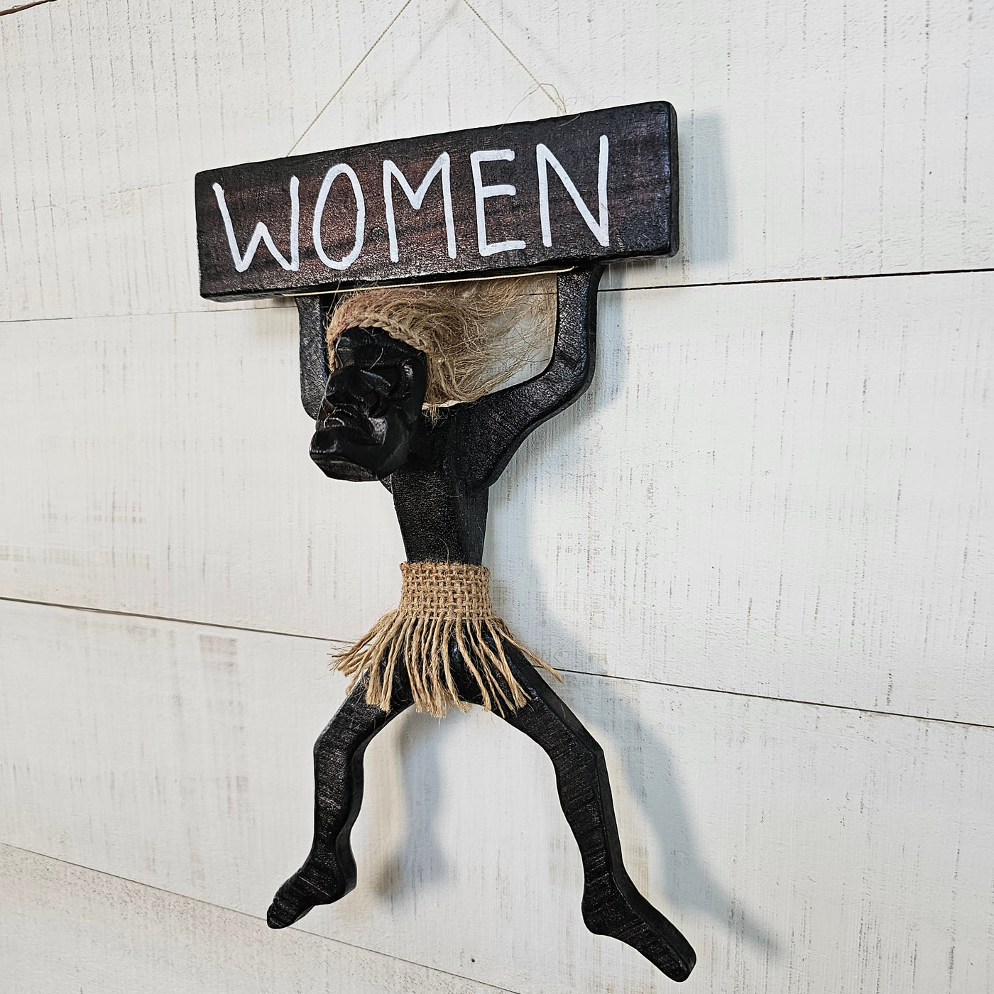 Wooden Handmade Primitive Tribal Statue Women Bathroom Restroom Sign Wall Hanging Sculpture Tiki Bar Handcrafted Gift Art Decor Figurine Hand Carved