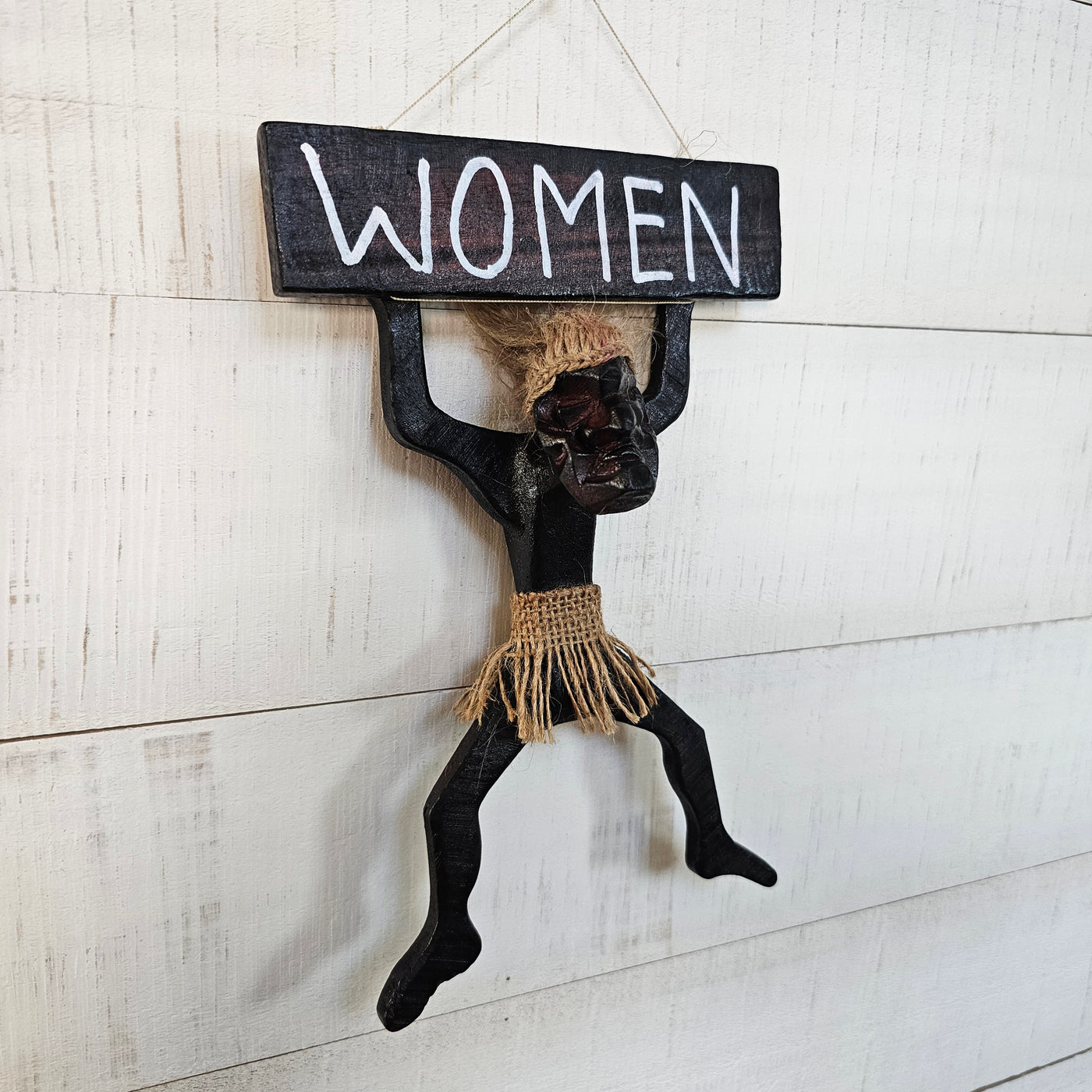 Wooden Handmade Primitive Tribal Statue Women Bathroom Restroom Sign Wall Hanging Sculpture Tiki Bar Handcrafted Gift Art Decor Figurine Hand Carved