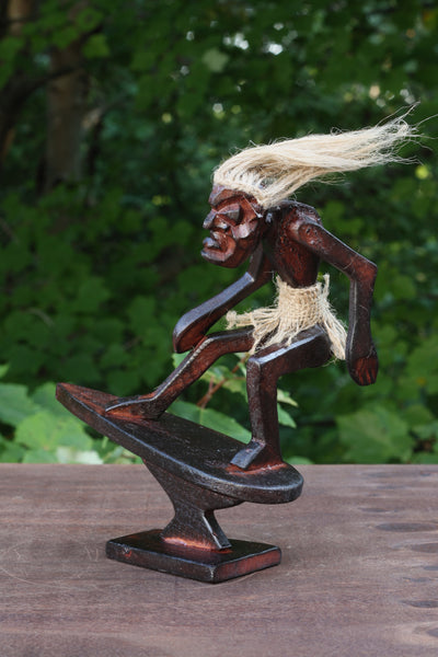 Handmade Wooden Primitive Tribal Wave Rider Surfing Figurine Statue Funny Sculpture Tiki Bar Handcrafted Unique Gift Decor Accent Figurine Hand Carved