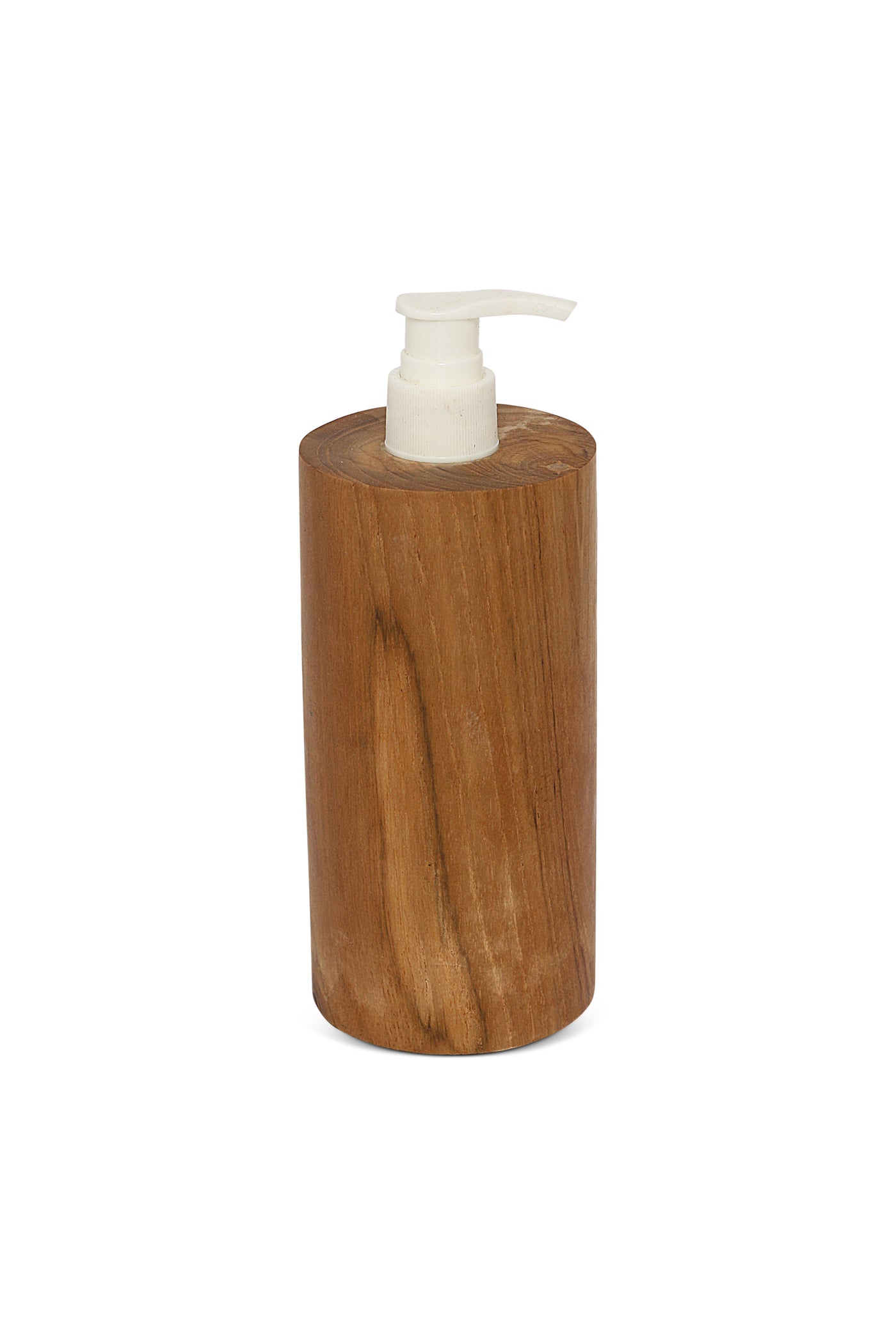 Wooden dispenser with white pump on a white background