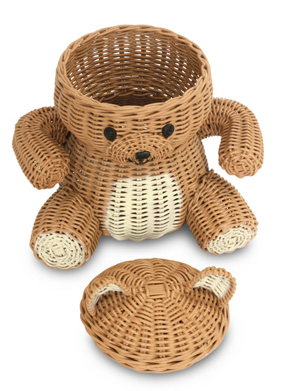 Brown Bear Rattan Storage Basket with Lid Decorative Home Decor Hand Woven Shelf Organizer Cute Handmade Handcrafted Gift Decoration Artwork Wicker