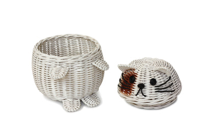 Cat Rattan Storage Basket with Lid Decorative Bin Home Decor Hand Woven Shelf Organizer Cute Handmade Handcrafted Gift Art Artwork Wicker Kitten