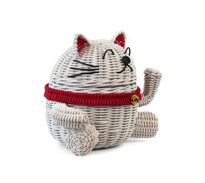 Lucky Cat Rattan Storage Basket with Lid Decorative Bin Home Decor Hand Woven Shelf Organizer Cute Handmade Handcrafted Gift Art Artwork Wicker Kitten