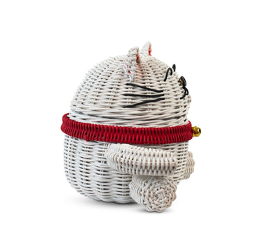 Lucky Cat Rattan Storage Basket with Lid Decorative Bin Home Decor Hand Woven Shelf Organizer Cute Handmade Handcrafted Gift Art Artwork Wicker Kitten