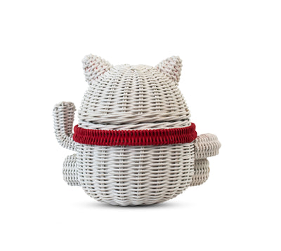 Lucky Cat Rattan Storage Basket with Lid Decorative Bin Home Decor Hand Woven Shelf Organizer Cute Handmade Handcrafted Gift Art Artwork Wicker Kitten