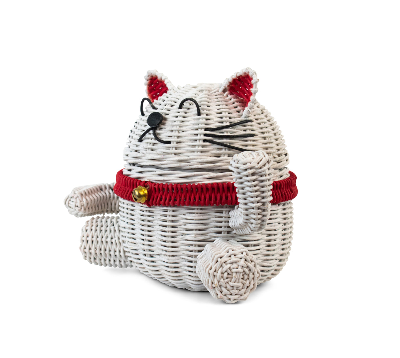 Lucky Cat Rattan Storage Basket with Lid Decorative Bin Home Decor Hand Woven Shelf Organizer Cute Handmade Handcrafted Gift Art Artwork Wicker Kitten