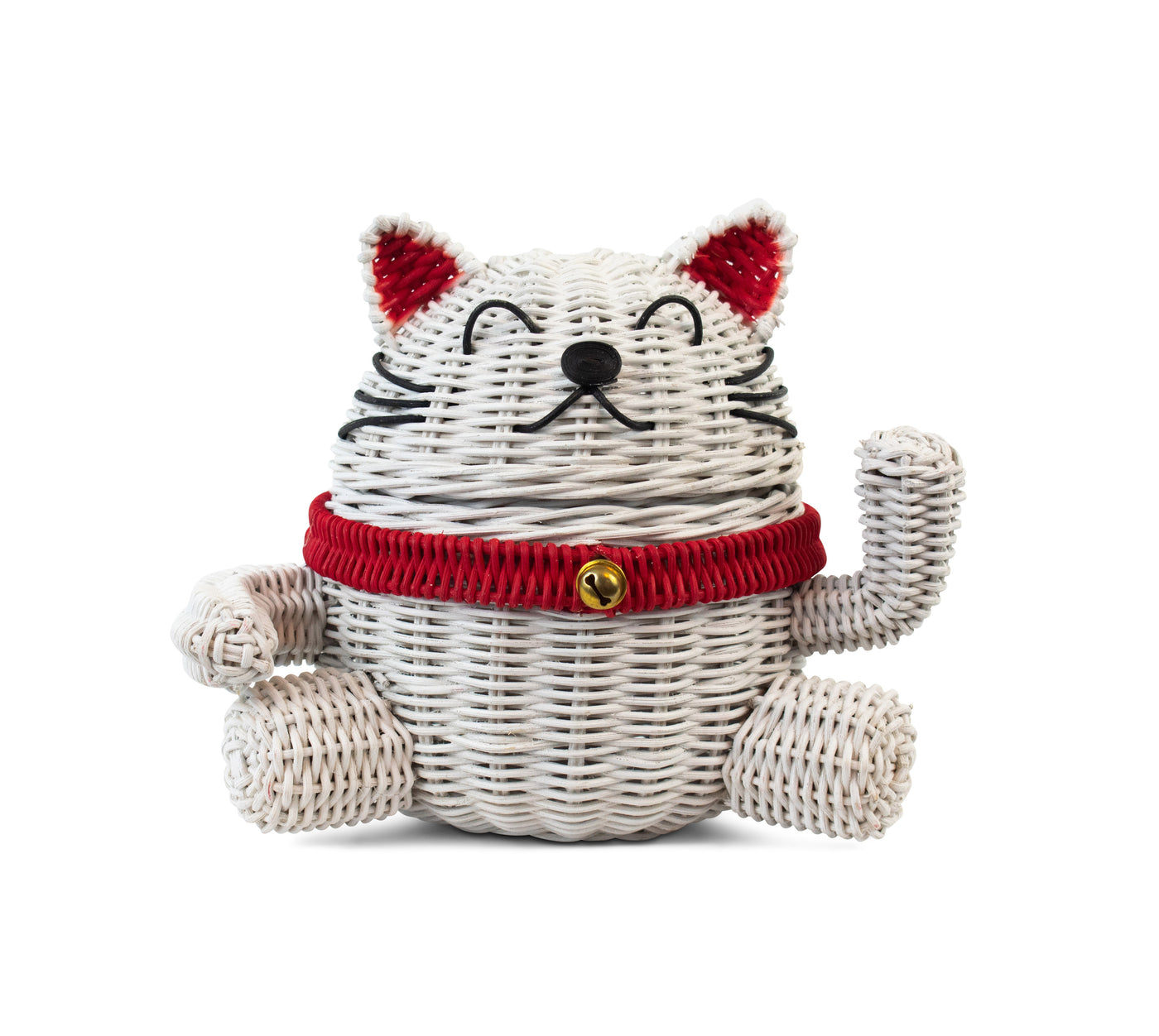 Lucky Cat Rattan Storage Basket with Lid Decorative Bin Home Decor Hand Woven Shelf Organizer Cute Handmade Handcrafted Gift Art Artwork Wicker Kitten