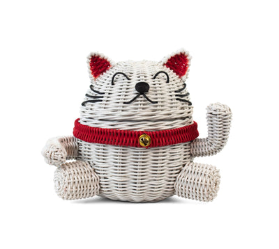 Lucky Cat Rattan Storage Basket with Lid Decorative Bin Home Decor Hand Woven Shelf Organizer Cute Handmade Handcrafted Gift Art Artwork Wicker Kitten