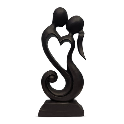 Hand-carved wooden couple figurine, eternal love heart sculpture, black finish home decor