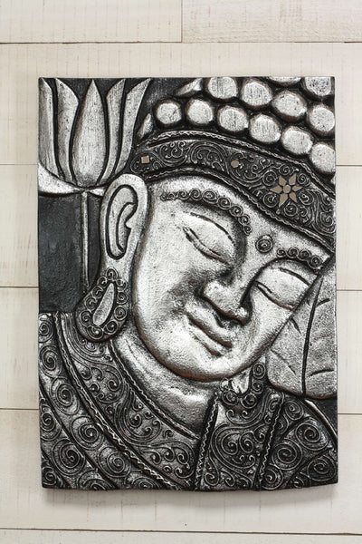 Hand carved silver Buddha wall panel with floral and swirl detailing