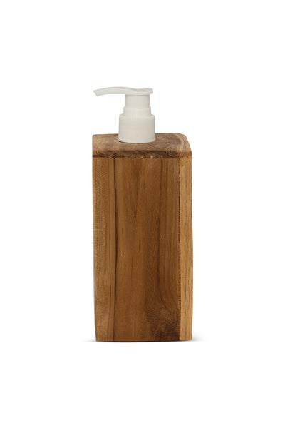 Wooden dispenser with a white pump on a white background