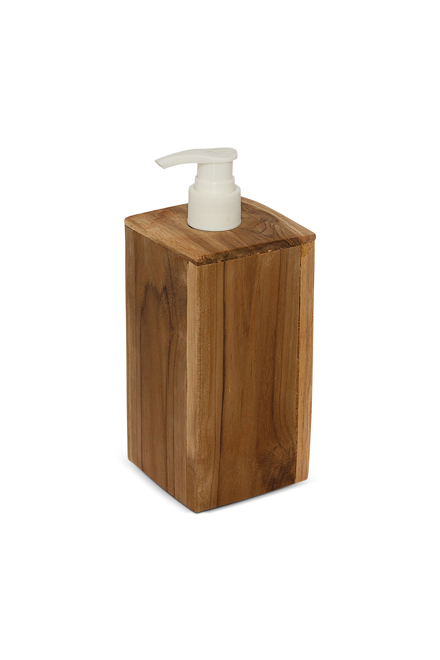 Wooden soap dispenser with a white pump on a white background